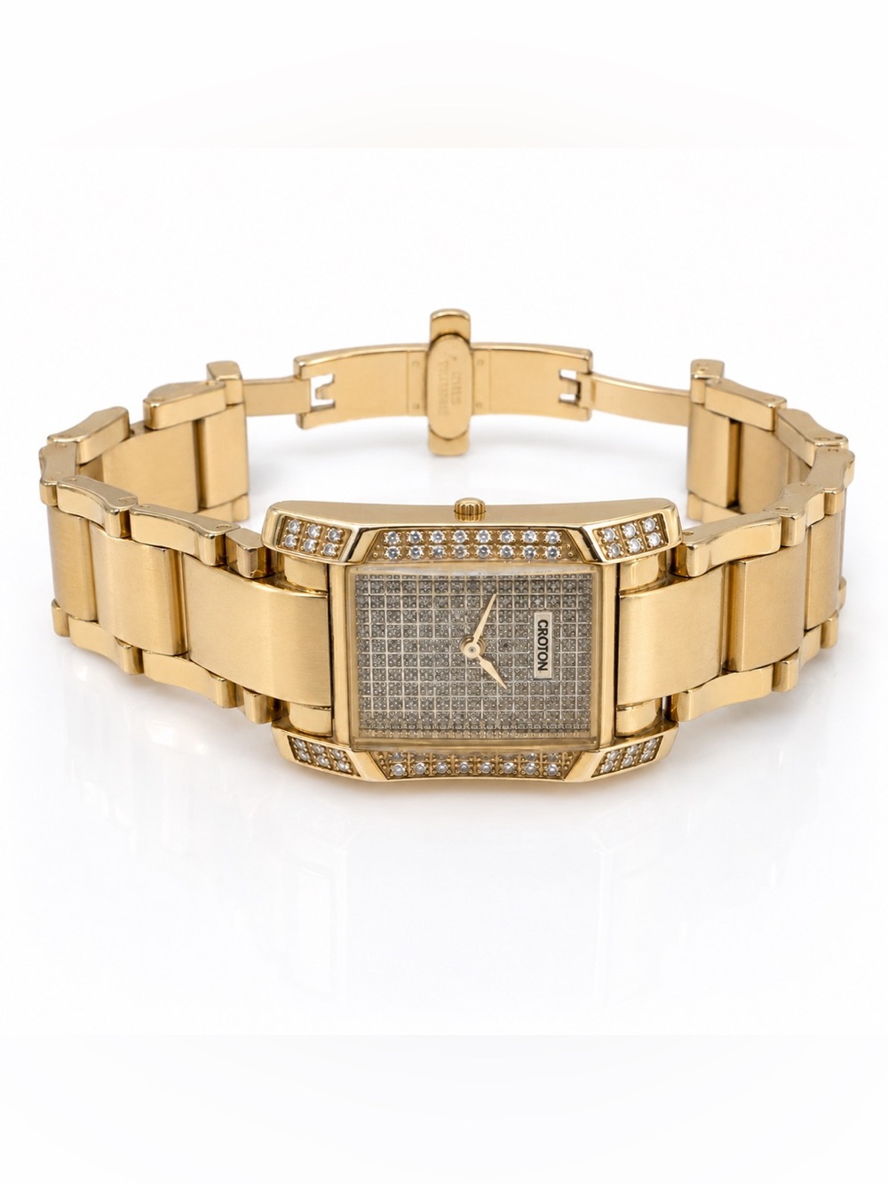 Croton Diamond Case Gold-Tone Rectangular Bracelet Watch Swiss Movement